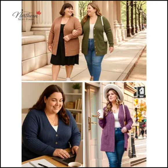 Plus Size Open Front Cardigan Sweater Lightweight Long Sleeve with Pockets - Picture 6 of 7